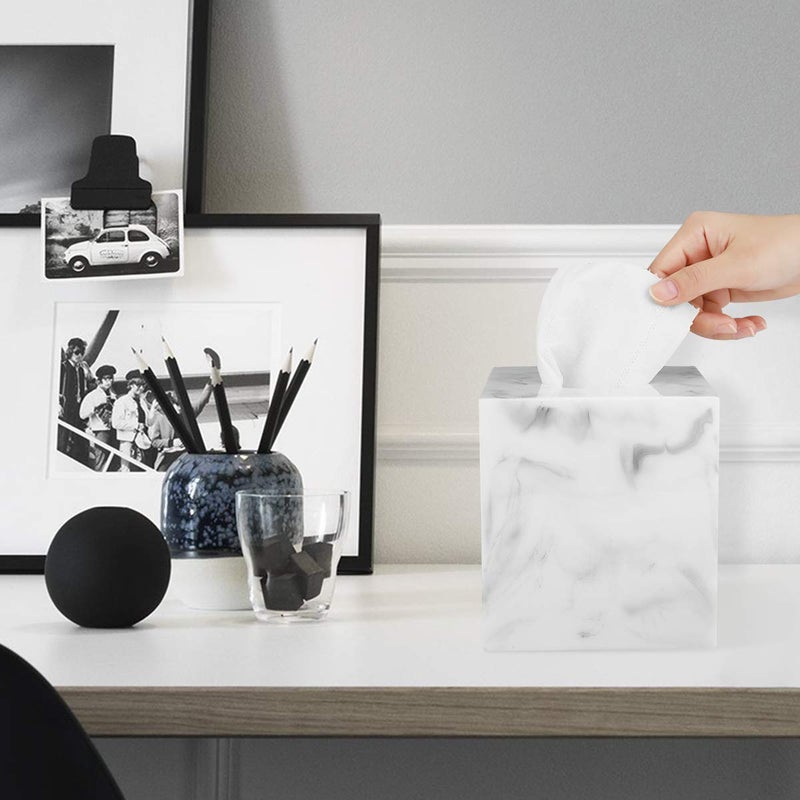 Luxspire Resin Paper Tissue Box Cover Holder  Square Facial Tissue Case  Pumping Paper Roll Toilet Paper Holder Napkin Dispenser for Office Bedroom Car Bathroom Vanity Accessories Decor  Marble White - Image 2